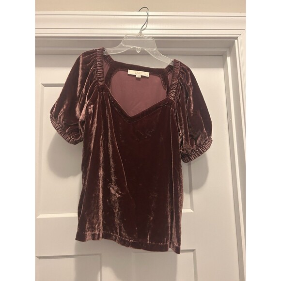 LOFT Sweetheart Velvet Puff Sleeve Top Dark Pink Size Petite Small Fairy Ballet - Picture 2 of 6